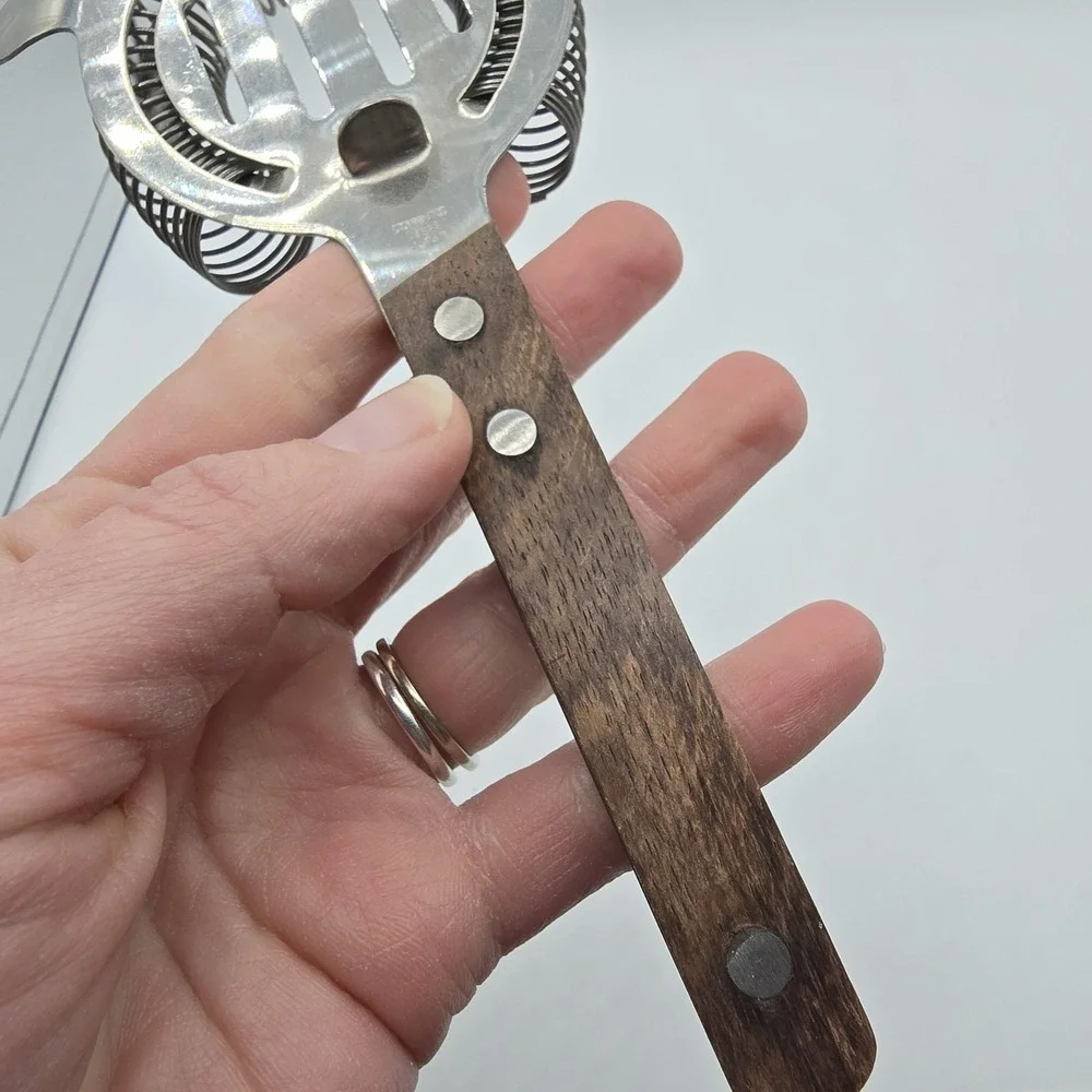 Vintage MCM‎ Cocktail Strainer Stainless Steel & Wood Handle Bar Accessory